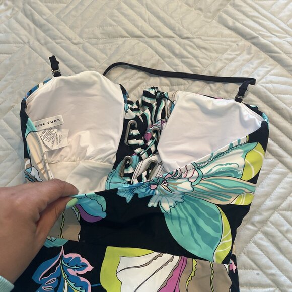 Trina Turk Black Sintra Floral Bandeau One Piece Swimsuit Size 8 - Picture 5 of 6
